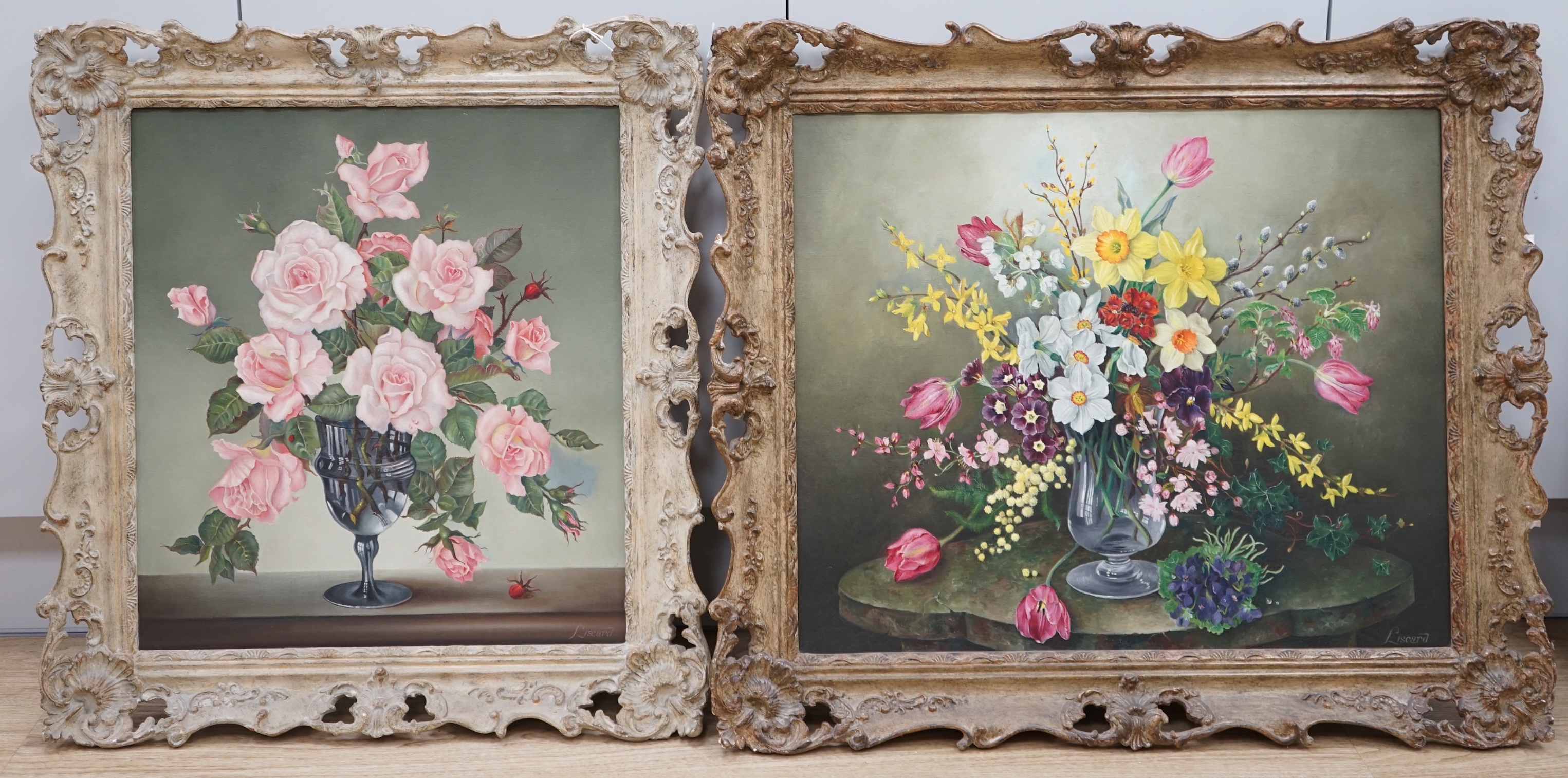 Eustace Liscard (20th. C), two oils on canvas, Still lifes of flowers comprising ‘Lovely is the rose’ and one other, each signed, largest 49 x 59cm. Condition - good, some losses to the frames